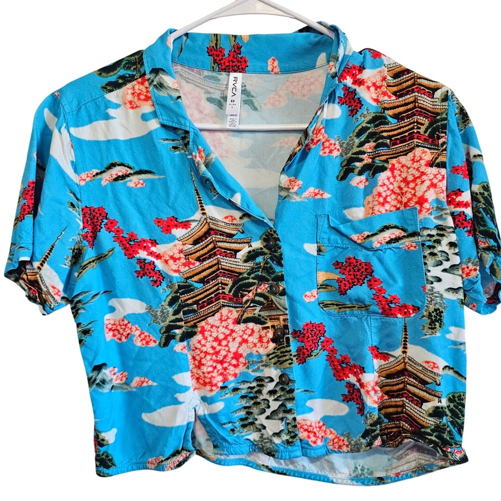 RVCA Womens XS Blue Japanese Pagoda Cherry Blossom Print Cropped Button Up Shirt